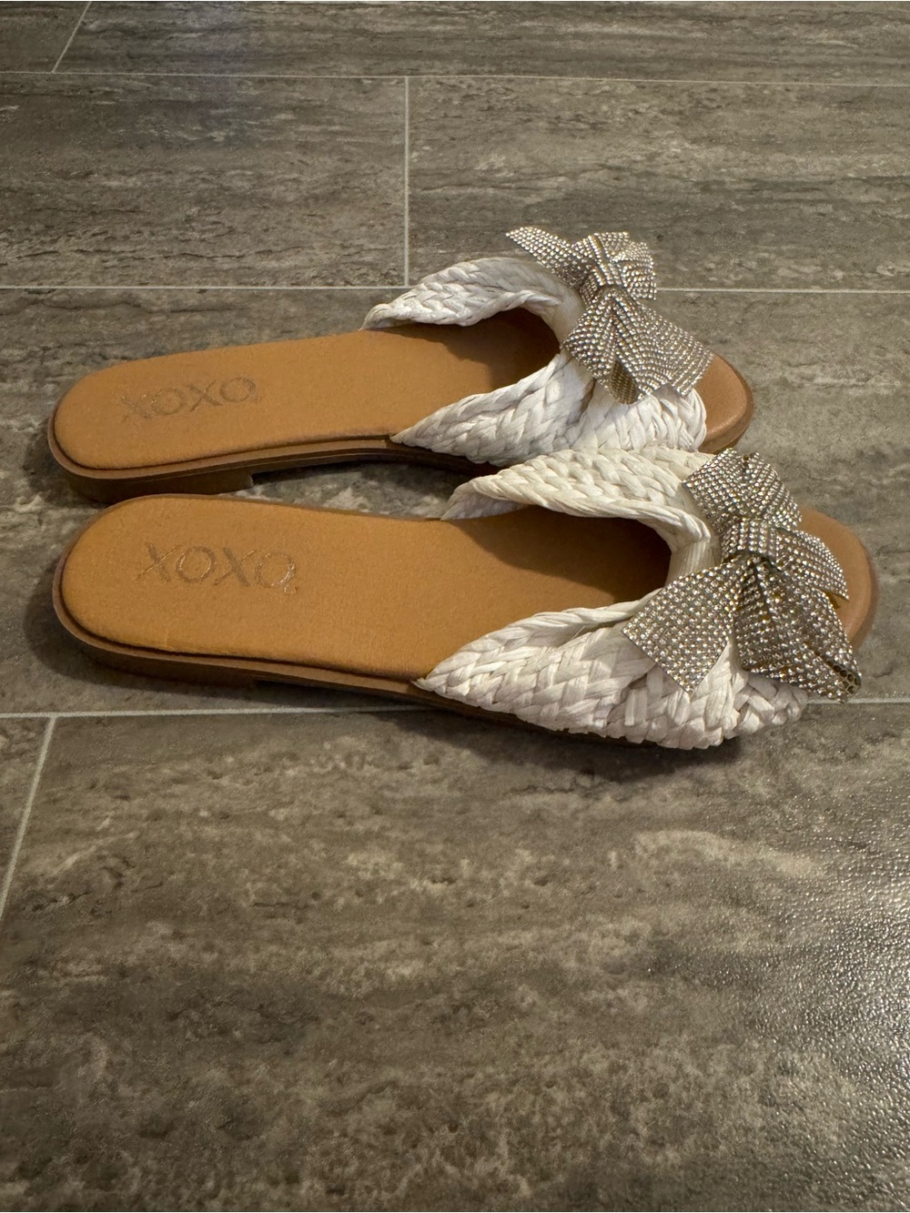 XOXO White Braided Slide Sandals with Crystal Bow Accent